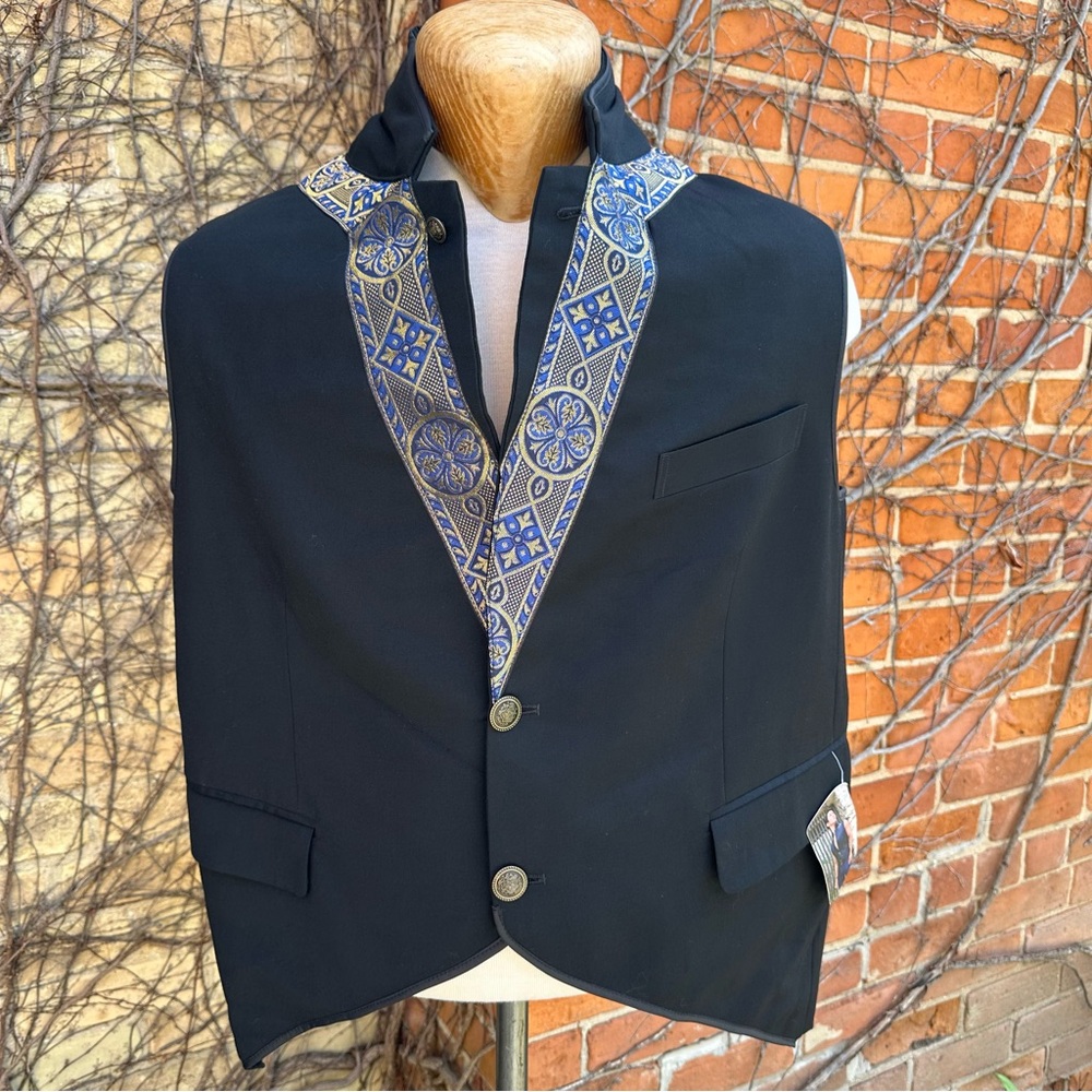 Elegant Black and Blue Men's Steampunk Vest 3XL 50 Regular Wool Suiting Jacard